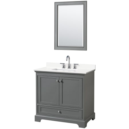 A large image of the Wyndham Collection WCS202036S-QTZ-US3M24 Dark Gray / White Quartz Top / Polished Chrome Hardware