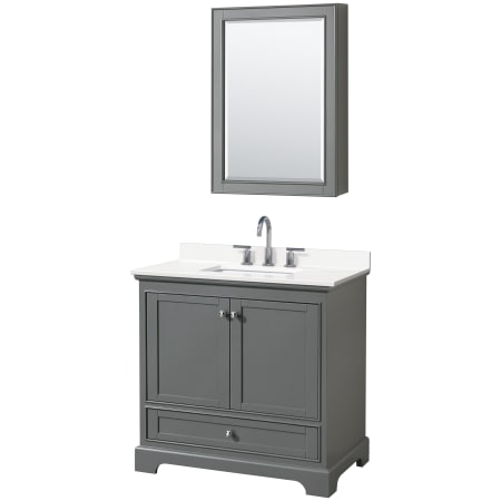 A large image of the Wyndham Collection WCS202036S-QTZ-US3MED Dark Gray / White Quartz Top / Polished Chrome Hardware