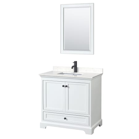 A large image of the Wyndham Collection WCS202036S-VCA-M24 White / Carrara Cultured Marble Top / Matte Black Hardware