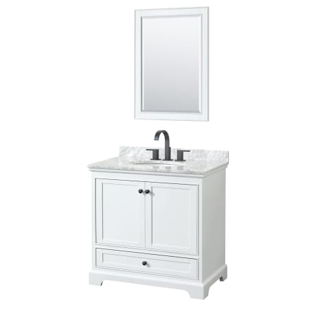 A large image of the Wyndham Collection WCS202036SCMUNOM24 White / White Carrara Marble Top / Matte Black Hardware
