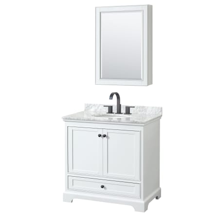 A large image of the Wyndham Collection WCS202036SCMUNOMED White / White Carrara Marble Top / Matte Black Hardware