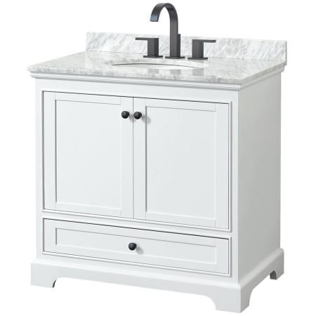 A large image of the Wyndham Collection WCS202036SCMUNOMXX White / White Carrara Marble Top / Matte Black Hardware