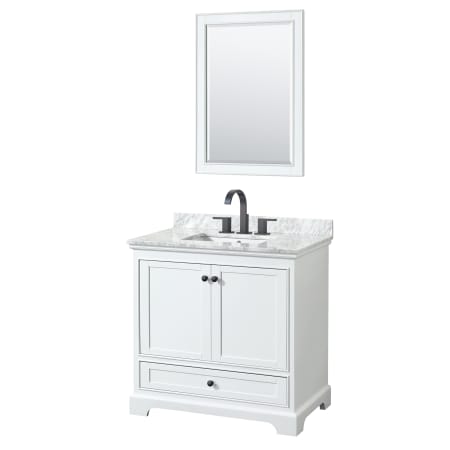 A large image of the Wyndham Collection WCS202036SCMUNSM24 White / White Carrara Marble Top / Matte Black Hardware
