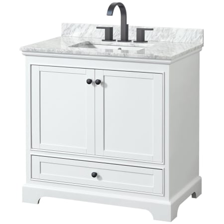 A large image of the Wyndham Collection WCS202036SCMUNSMXX White / White Carrara Marble Top / Matte Black Hardware