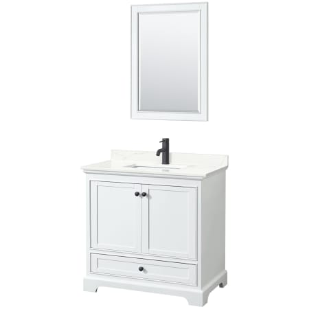 A large image of the Wyndham Collection WCS202036S-QTZ-UNSM24 White / Giotto Quartz Top / Matte Black Hardware