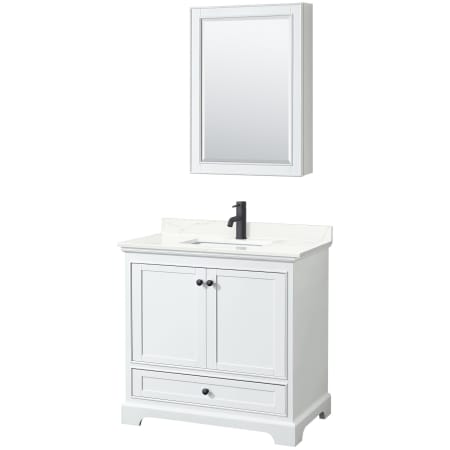 A large image of the Wyndham Collection WCS202036S-QTZ-UNSMED White / Giotto Quartz Top / Matte Black Hardware