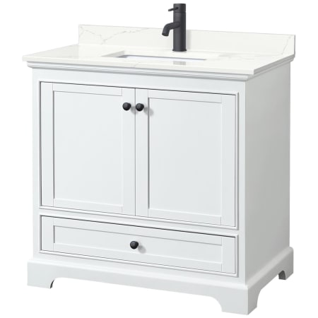 A large image of the Wyndham Collection WCS202036S-QTZ-UNSMXX White / Giotto Quartz Top / Matte Black Hardware