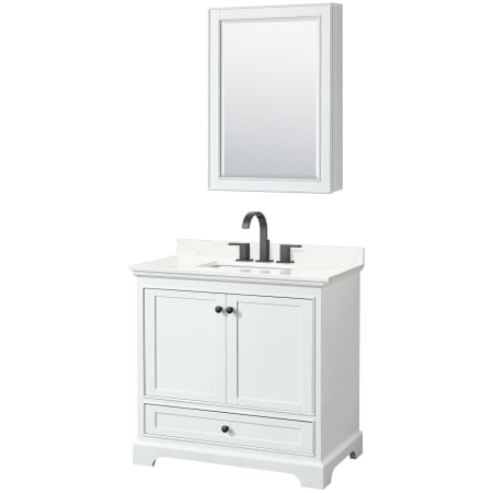 A large image of the Wyndham Collection WCS202036S-QTZ-US3MED White / Giotto Quartz Top / Matte Black Hardware