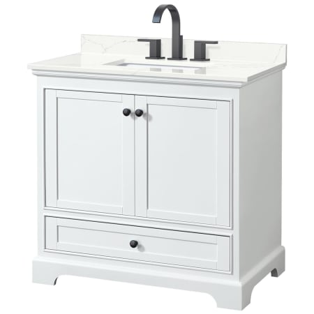 A large image of the Wyndham Collection WCS202036S-QTZ-US3MXX White / Giotto Quartz Top / Matte Black Hardware