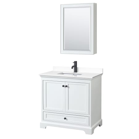 A large image of the Wyndham Collection WCS202036S-VCA-MED White / White Cultured Marble Top / Matte Black Hardware