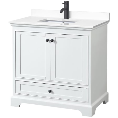 A large image of the Wyndham Collection WCS202036S-VCA-MXX White / White Cultured Marble Top / Matte Black Hardware