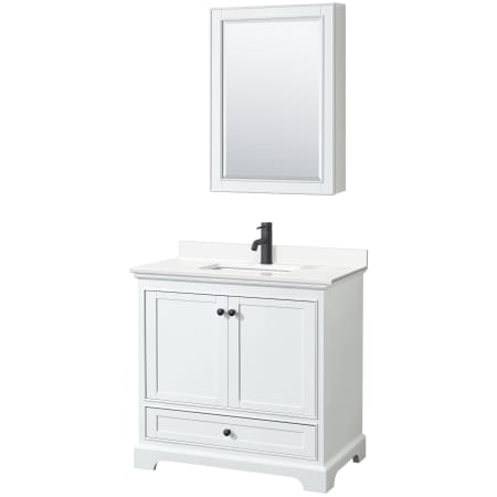 A large image of the Wyndham Collection WCS202036S-QTZ-UNSMED White / White Quartz Top / Matte Black Hardware