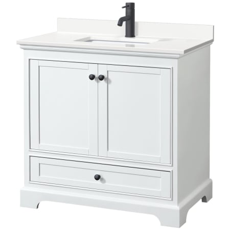 A large image of the Wyndham Collection WCS202036S-QTZ-UNSMXX White / White Quartz Top / Matte Black Hardware