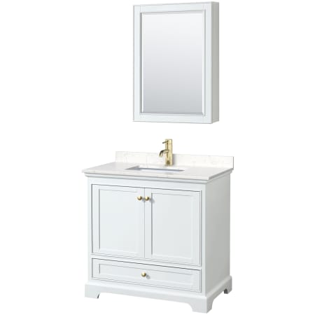 A large image of the Wyndham Collection WCS202036S-VCA-MED White / Carrara Cultured Marble Top / Brushed Gold Hardware