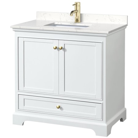 A large image of the Wyndham Collection WCS202036S-VCA-MXX White / Carrara Cultured Marble Top / Brushed Gold Hardware