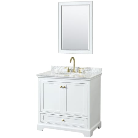 A large image of the Wyndham Collection WCS202036SCMUNOM24 White / White Carrara Marble Top / Brushed Gold Hardware