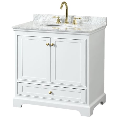 A large image of the Wyndham Collection WCS202036SCMUNOMXX White / White Carrara Marble Top / Brushed Gold Hardware