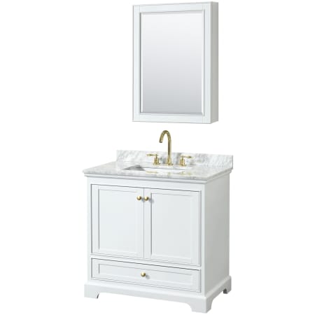 A large image of the Wyndham Collection WCS202036SCMUNSMED White / White Carrara Marble Top / Brushed Gold Hardware