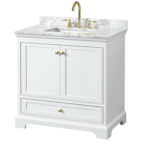 A large image of the Wyndham Collection WCS202036SCMUNSMXX White / White Carrara Marble Top / Brushed Gold Hardware