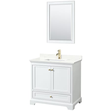 A large image of the Wyndham Collection WCS202036S-QTZ-UNSM24 White / Giotto Quartz Top / Brushed Gold Hardware