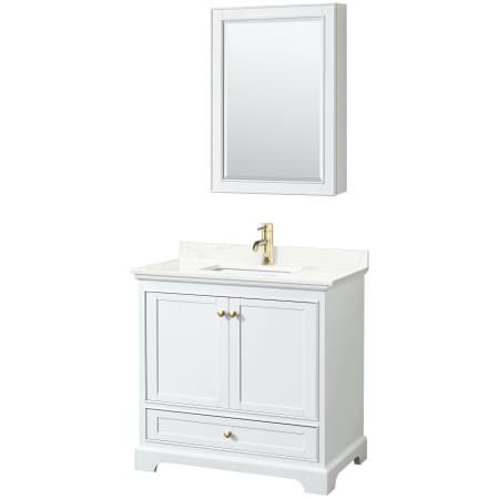 A large image of the Wyndham Collection WCS202036S-QTZ-UNSMED White / Giotto Quartz Top / Brushed Gold Hardware