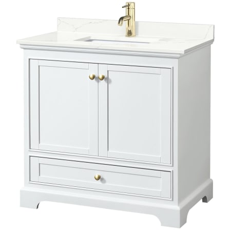 A large image of the Wyndham Collection WCS202036S-QTZ-UNSMXX White / Giotto Quartz Top / Brushed Gold Hardware