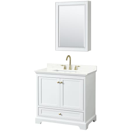 A large image of the Wyndham Collection WCS202036S-QTZ-US3MED White / Giotto Quartz Top / Brushed Gold Hardware