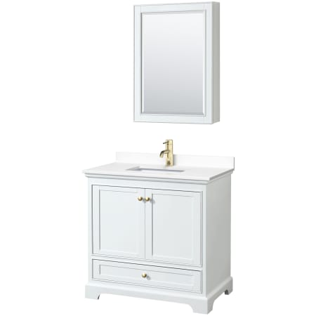 A large image of the Wyndham Collection WCS202036S-VCA-MED White / White Cultured Marble Top / Brushed Gold Hardware