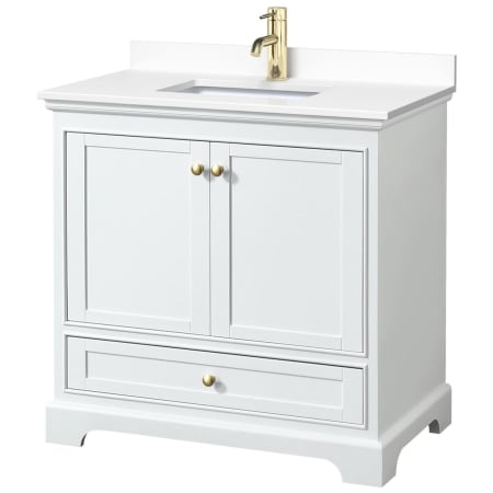 A large image of the Wyndham Collection WCS202036S-VCA-MXX White / White Cultured Marble Top / Brushed Gold Hardware