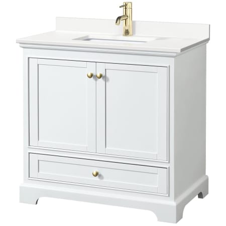 A large image of the Wyndham Collection WCS202036S-QTZ-UNSMXX White / White Quartz Top / Brushed Gold Hardware