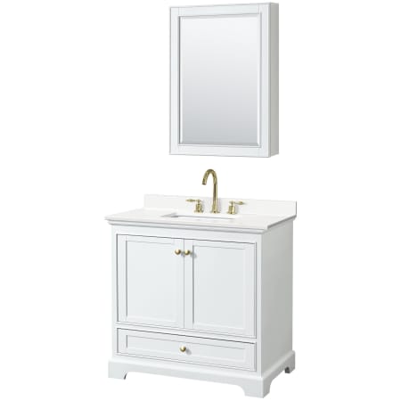 A large image of the Wyndham Collection WCS202036S-QTZ-US3MED White / White Quartz Top / Brushed Gold Hardware