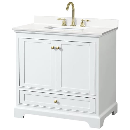 A large image of the Wyndham Collection WCS202036S-QTZ-US3MXX White / White Quartz Top / Brushed Gold Hardware