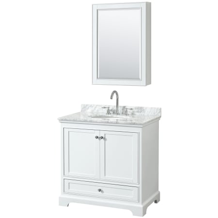 A large image of the Wyndham Collection WCS202036SCMUNOMED White / White Carrara Marble Top / Polished Chrome Hardware