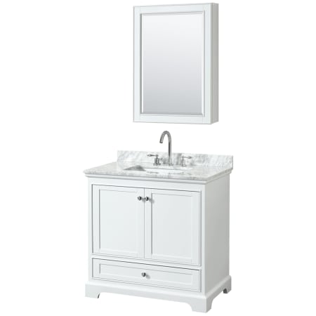 A large image of the Wyndham Collection WCS202036SCMUNSMED White / White Carrara Marble Top / Polished Chrome Hardware