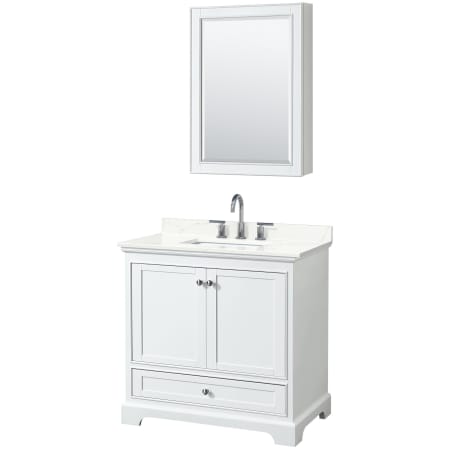 A large image of the Wyndham Collection WCS202036S-QTZ-US3MED White / Giotto Quartz Top / Polished Chrome Hardware