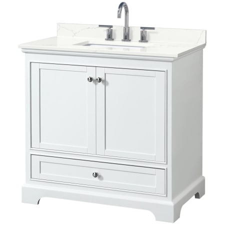 A large image of the Wyndham Collection WCS202036S-QTZ-US3MXX White / Giotto Quartz Top / Polished Chrome Hardware