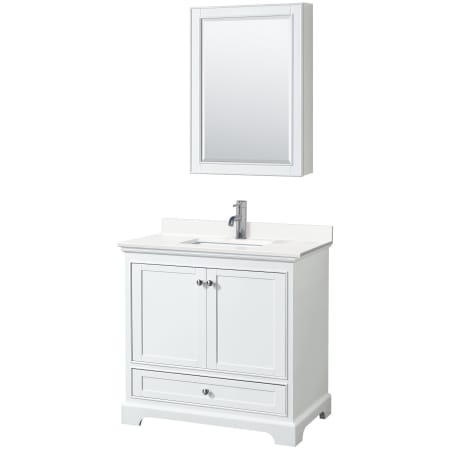 A large image of the Wyndham Collection WCS202036S-QTZ-UNSMED White / White Quartz Top / Polished Chrome Hardware