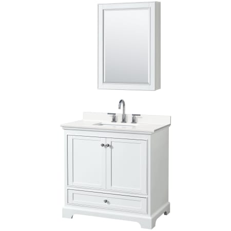A large image of the Wyndham Collection WCS202036S-QTZ-US3MED White / White Quartz Top / Polished Chrome Hardware