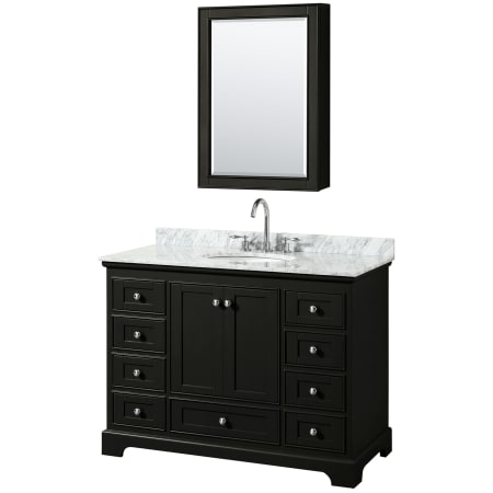 A large image of the Wyndham Collection WCS202048SCMUNOMED Dark Espresso / White Carrara Marble Top / Polished Chrome Hardware