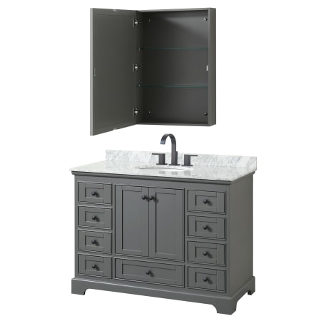 A large image of the Wyndham Collection WCS202048SCMUNOMED Dark Gray / White Carrara Marble Top / Matte Black Hardware