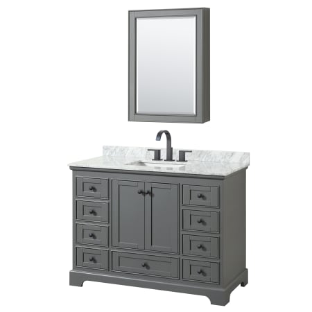 A large image of the Wyndham Collection WCS202048SCMUNSMED Dark Gray / White Carrara Marble Top / Matte Black Hardware