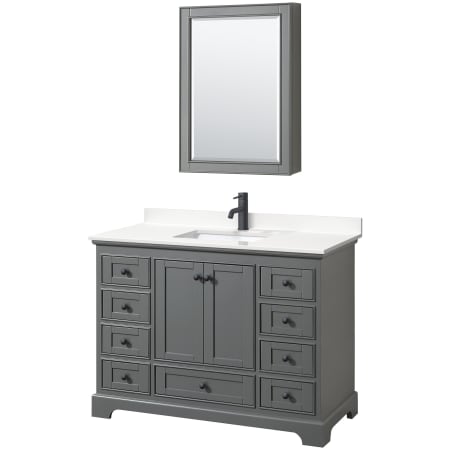 A large image of the Wyndham Collection WCS202048S-QTZ-UNSMED Dark Gray / White Quartz Top / Matte Black Hardware