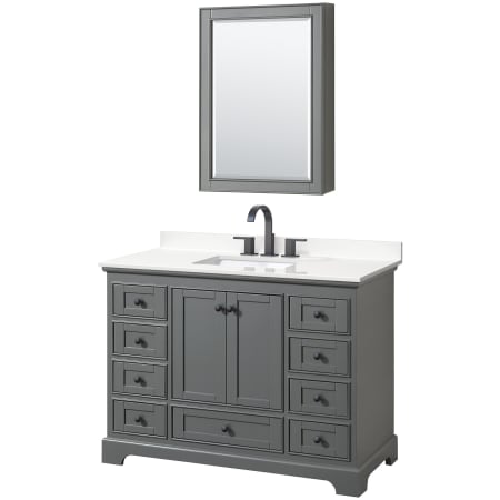 A large image of the Wyndham Collection WCS202048S-QTZ-US3MED Dark Gray / White Quartz Top / Matte Black Hardware