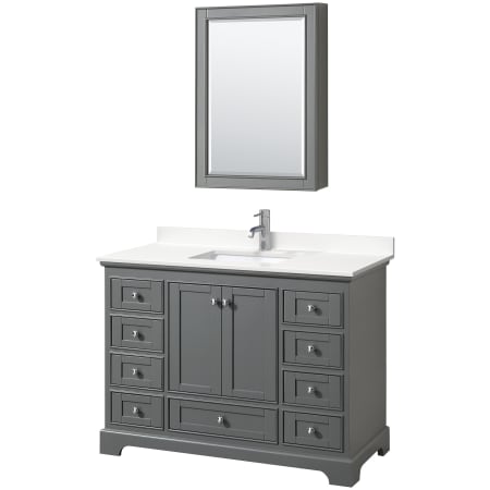 A large image of the Wyndham Collection WCS202048S-QTZ-UNSMED Dark Gray / White Quartz Top / Polished Chrome Hardware