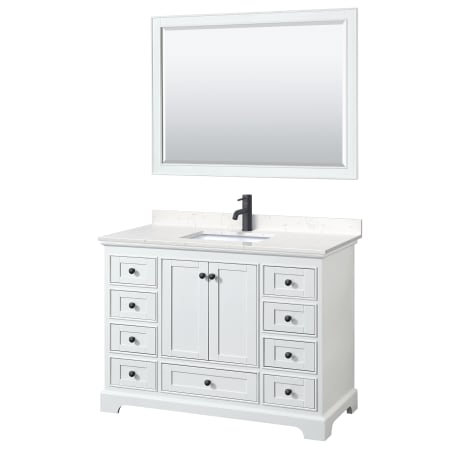 A large image of the Wyndham Collection WCS202048S-VCA-M46 White / Carrara Cultured Marble Top / Matte Black Hardware