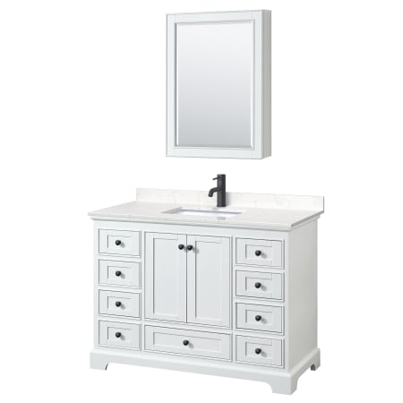 A large image of the Wyndham Collection WCS202048S-VCA-MED White / Carrara Cultured Marble Top / Matte Black Hardware