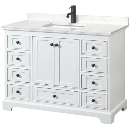 A large image of the Wyndham Collection WCS202048S-VCA-MXX White / Carrara Cultured Marble Top / Matte Black Hardware