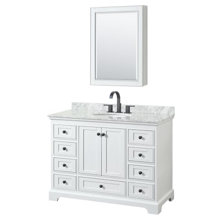 A large image of the Wyndham Collection WCS202048SCMUNOMED White / White Carrara Marble Top / Matte Black Hardware