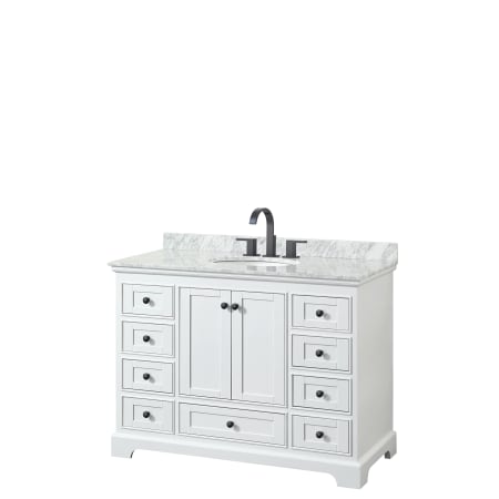 A large image of the Wyndham Collection WCS202048SCMUNOMXX White / White Carrara Marble Top / Matte Black Hardware