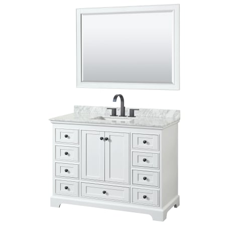 A large image of the Wyndham Collection WCS202048SCMUNSM46 White / White Carrara Marble Top / Matte Black Hardware